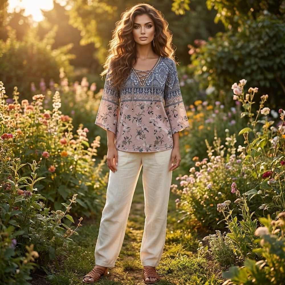 Style & Co Top Womens XL Pink‎ Blue Paisley Floral Boho Festival Cottagecore